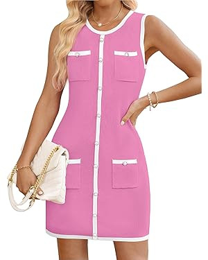 ZESICA Women's Summer Sleeveless Mini Dress Crewneck Button Knit Color Block Bodycon Party Short ... | Amazon (US)