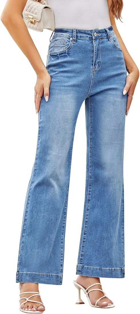 Womens Flare Jeans High Waisted Wide Leg Baggy Stretch Boyfriend Denim Pants Trendy | Amazon (US)