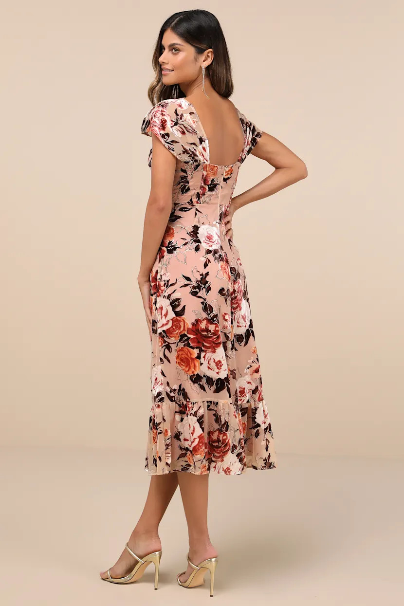 Composed Beauty Blush Pink Burnout Velvet Floral Midi Dress | Lulus