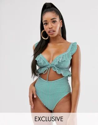 Peek & Beau Fuller Bust Exclusive frill swimsuit in green stripe | ASOS US