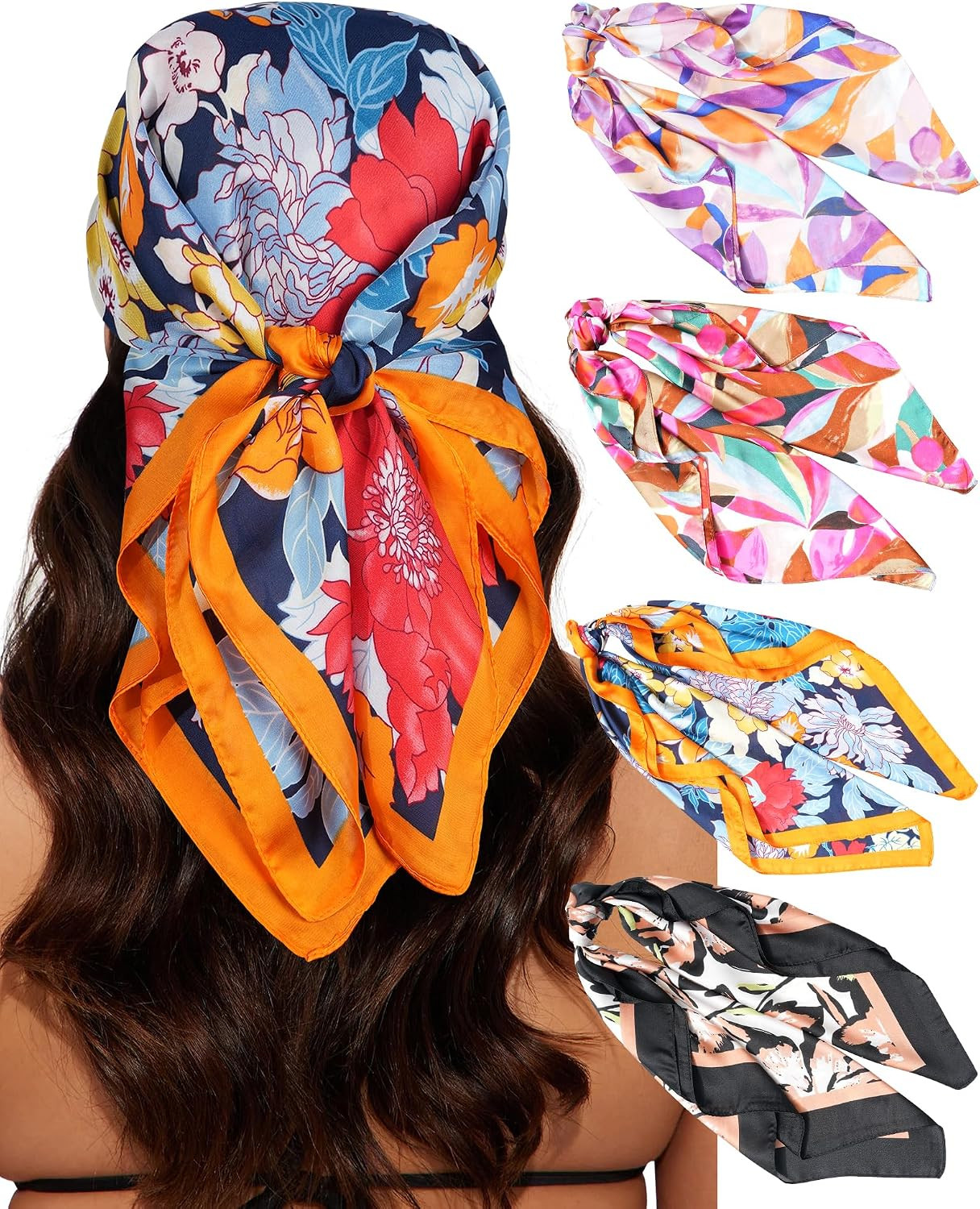 CHLINS 4 PCS 27.5 Inches Satin Head Scarf Silk Scarf for Women Lightweight Hair Bandanas Head Scarves Neck Scarf Hair Wrap | Amazon (US)