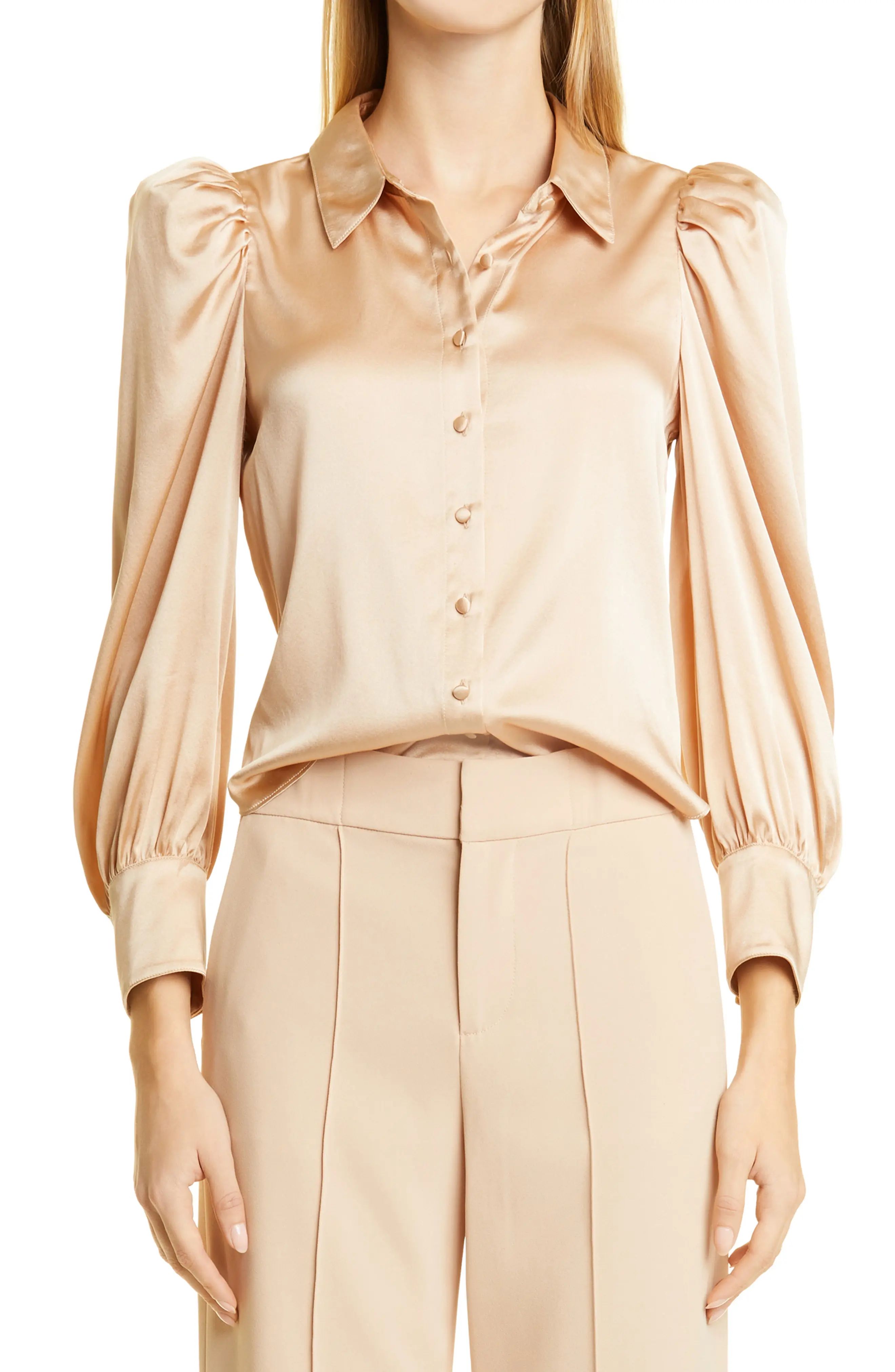 Alice + Olivia Nadine Puff Sleeve Stretch Silk Blouse in Almond at Nordstrom, Size X-Large | Nordstrom