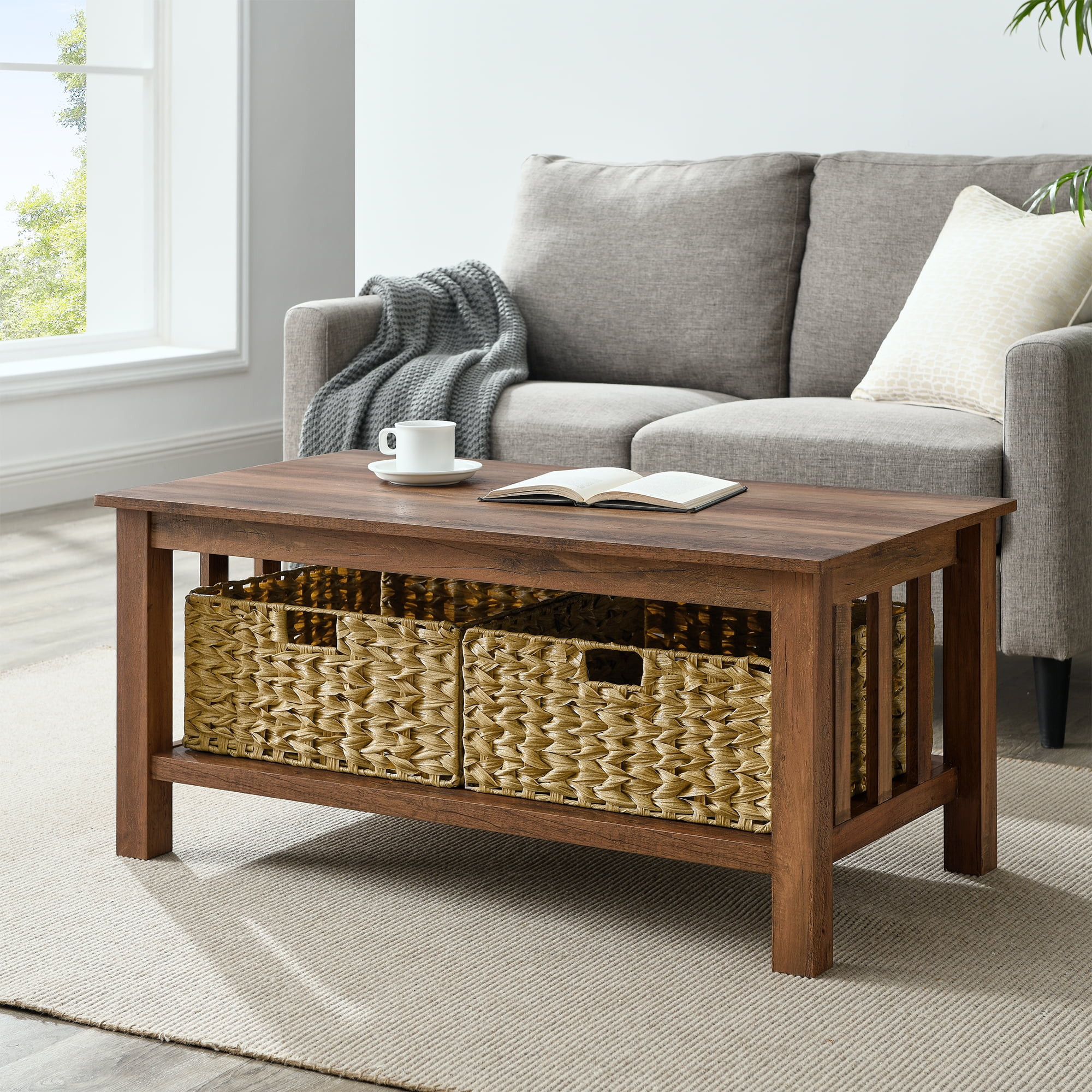 Woven Paths Farmhouse Mission Rectangle Coffee Table with Baskets, Reclaimed Barnwood - Walmart.c... | Walmart (US)