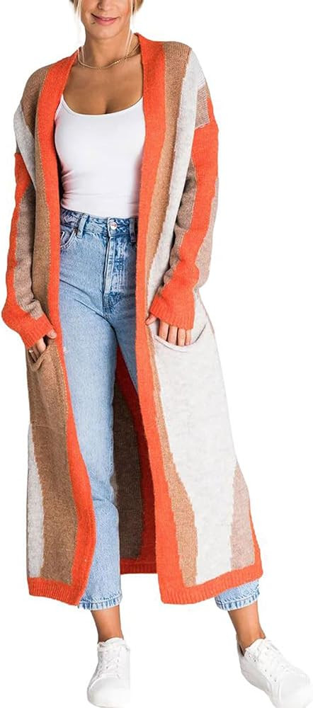 chouyatou Women's Fall Open Front Color Block Long Cardigan Sweater Coat Casual Vertical Striped ... | Amazon (US)