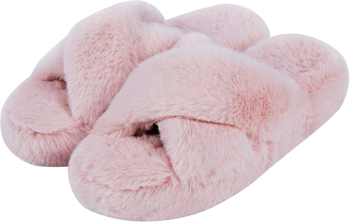 DL Fluffy Womens House Slippers Cross Band Open Toe, Soft Plush Fleece Bedroom Slippers Women Memory | Amazon (US)