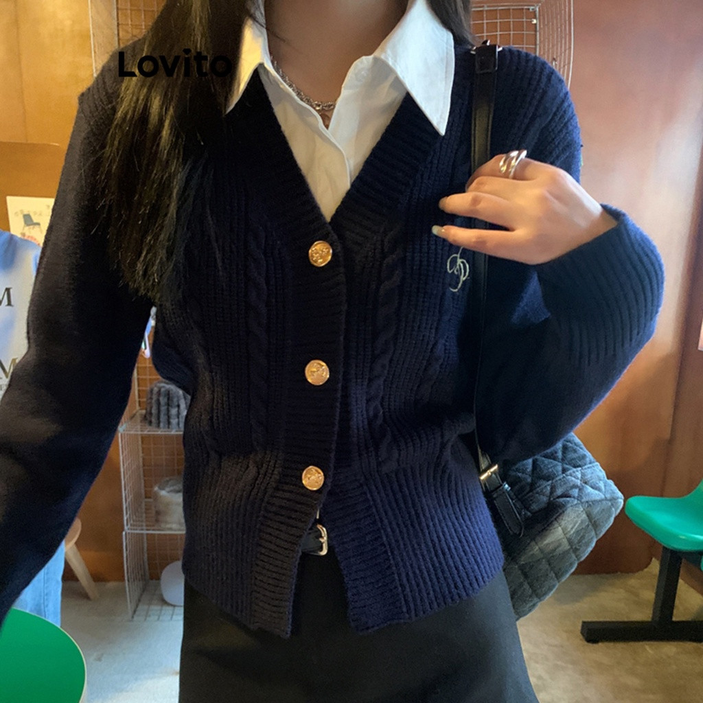 Lovito Cardigans Casuais Com Botão Liso E Divisão Frontal Para Mulheres LNE27151 (Azul) | Shopee (BR)