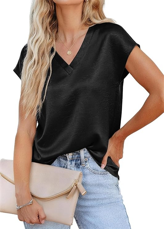 RUMIA Short Sleeve Satin Summer Blouses Tops for Women- Ladies V Neck Blouse Shirt Dressy Casual ... | Amazon (US)