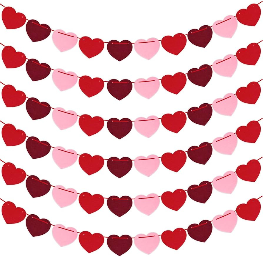 6Pcs Felt Heart Garland Banner Party Valentines Day Decorations 39.6Ft Pre-Stung Hanging Hearts D... | Amazon (US)