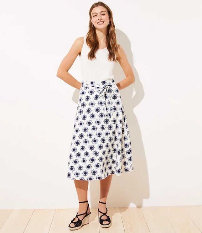 Floral Linen Blend Tie Waist Midi Skirt | LOFT