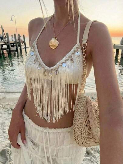 Aloruh Women's Halter Top With Fringe,Seashell & Tassel,White Gold Summer Boho Beach Vacation Hol... | SHEIN