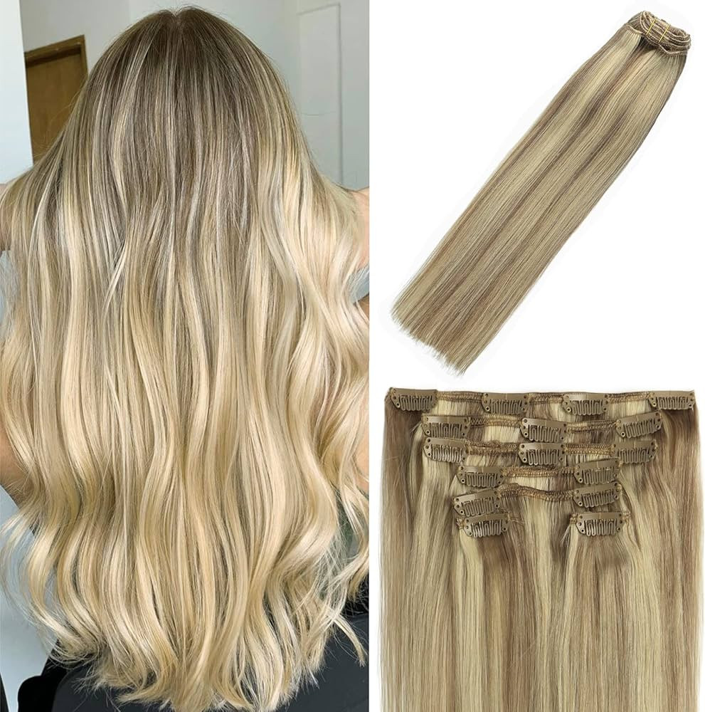Clip In Hair Extensions Human Hair Mixed Bleach Blonde 18Inch 70g Hair Extensions for Women Remy ... | Amazon (US)