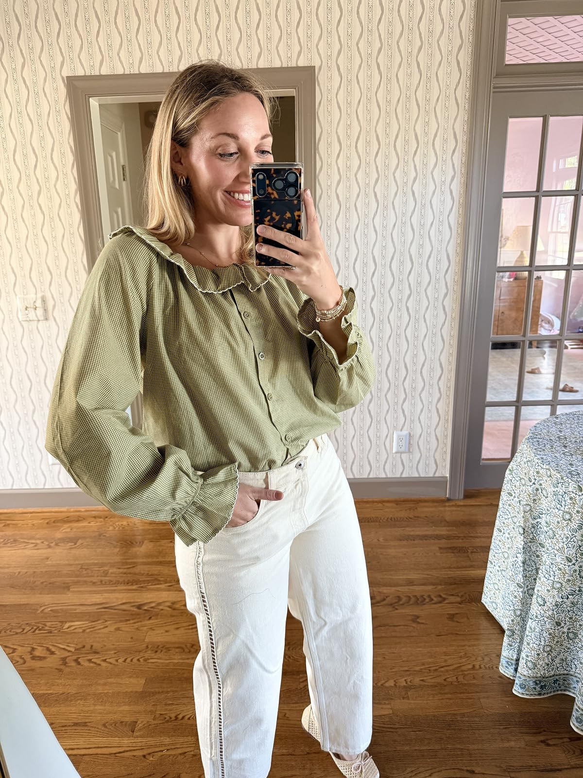 This gingham blouse is perfect for fall! Pair it with these wide leg jeans for a chic look. Wearing M in top and 28 in cream denim #fallfashion #amazonfinds 

 #LTKgrwm #LTKootd #LTKSeasonal