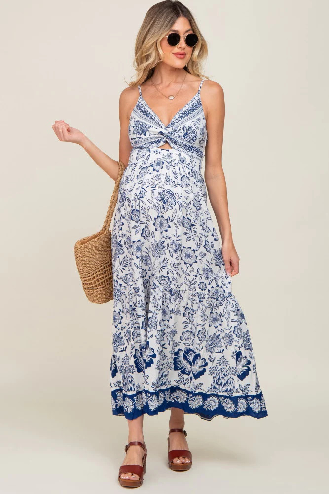 Navy Blue Floral Front Twist Maternity Maxi Dress | PinkBlush Maternity