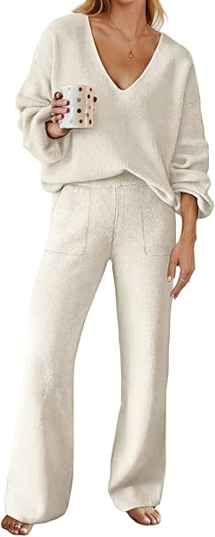 MEROKEETY Women's 2 Piece Outfits Lounge Sets Fall Winter Long Sleeve Knit Sweater Wide Leg Pant ... | Amazon (US)