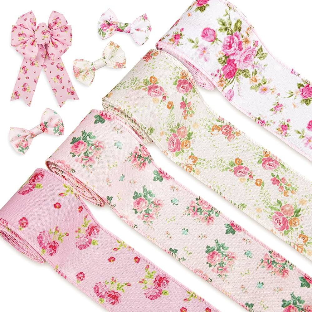 Whaline Floral Wired Edge Ribbon 4 Rolls Rose Flower Pattern Ribbon Spring Summer Fabric Decorati... | Amazon (US)