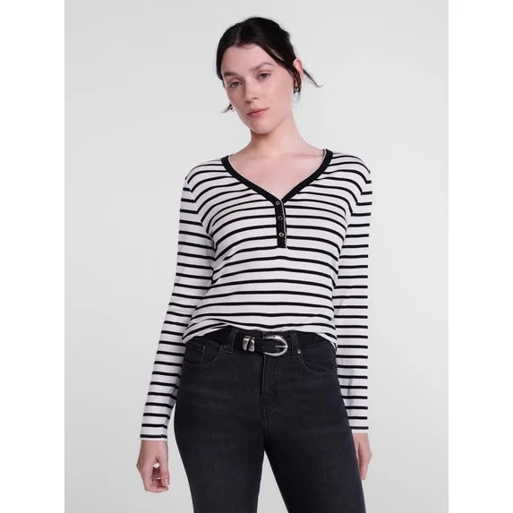 Scenario Women's and Women's Plus Striped Henley Shirt with Long Sleeves, Sizes XS-4X | Walmart (US)