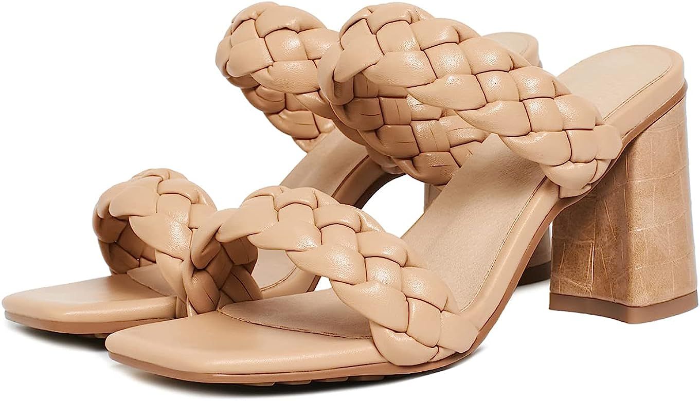 Amazon.com: Women's Braided Heeled Sandals Square Open Toe Backless Block Double Straps Slip on L... | Amazon (US)