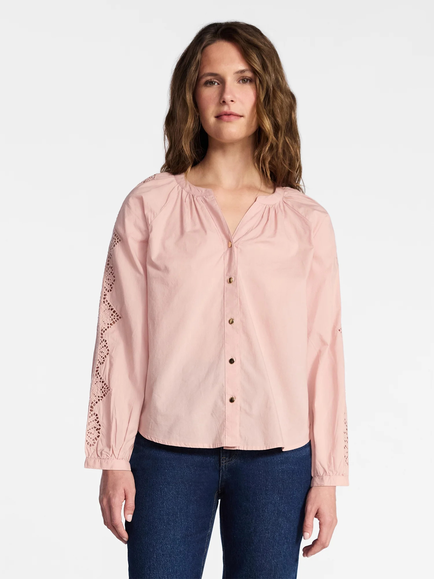 Time and Tru Women's Broderie Blouse with Long Sleeves, Sizes XS-XXXL | Walmart (US)