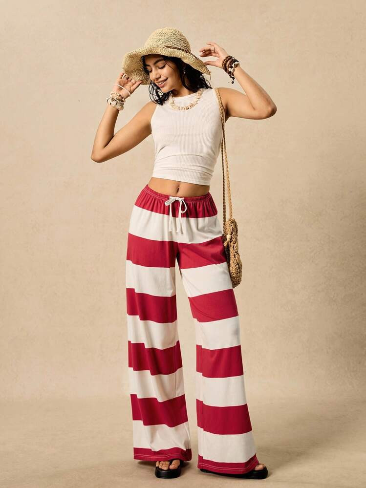 Easelle Casual Vintage Red & White Striped Loose Women Long Pants Striped Women Summer Summer Pan... | SHEIN