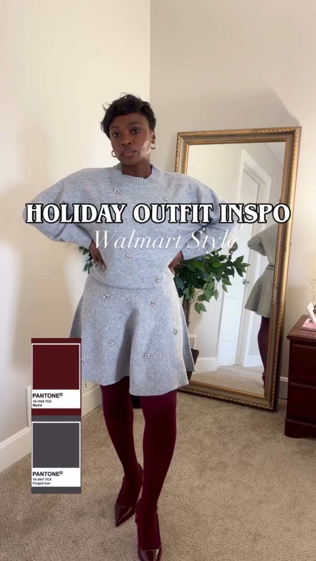 Totally outside of my comfort zone with these burgundy tights. 😬 But it’s been said that burgundy is the new black!! 

This is such a great holiday party outfit. Just the right amount of embellishment 🥰

SHOP my LTK for similar looks ⬇ https://liketk.it/5Dwrq #walmartfinds #walmartfashion #ltkholiday #over40fashion