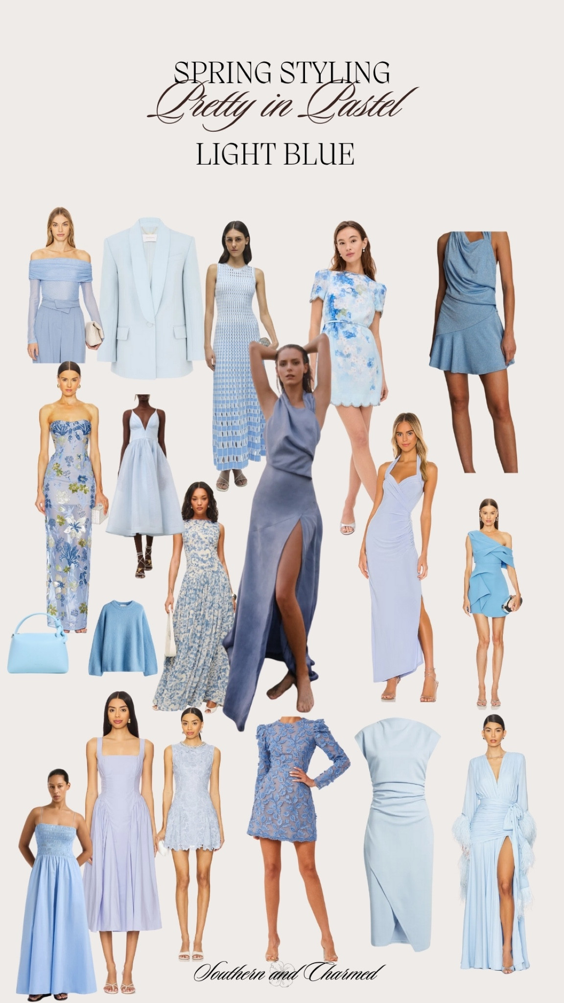 Pastels for spring! From chic office outfits to stunning pastel evening gowns and cocktail dresses perfect for vacations or weddings! Great transitional pieces to carry you through to warmer weather  

Light blue dress
Baby blue dress
Light blue gown 
Baby blue gown 