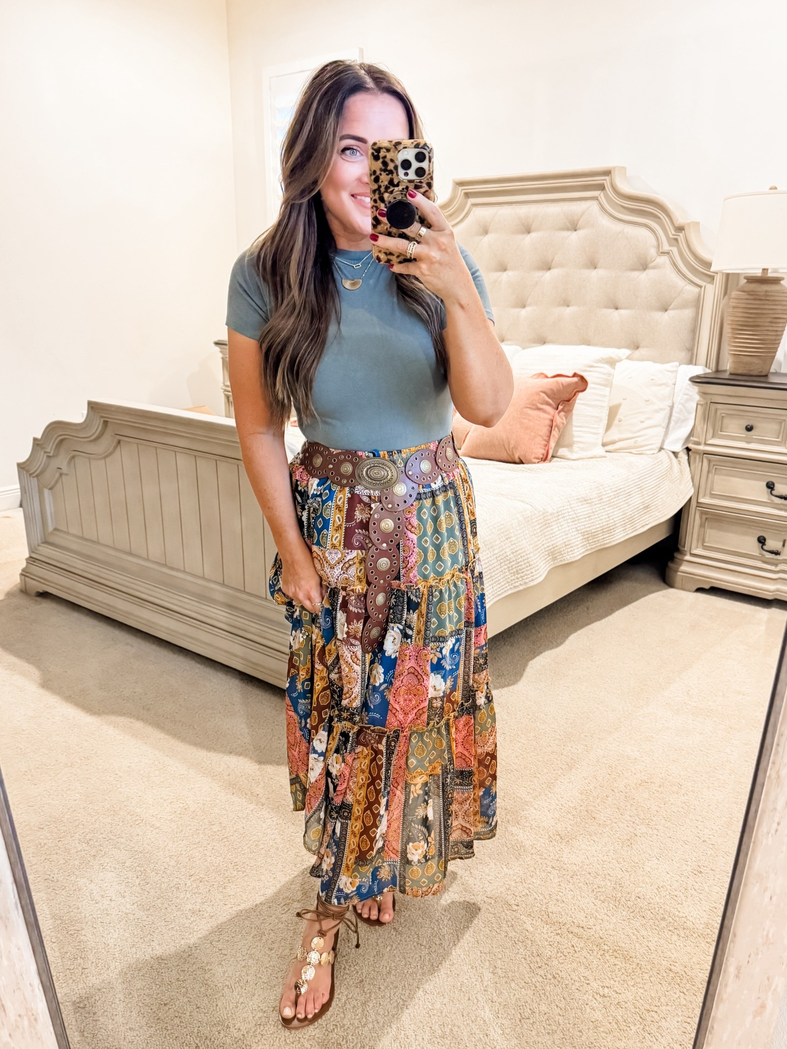 Bodysuit / Skirt - M (tts) 
5’2” 145 lbs 
—
Amazon fashion | Amazon skirt | Maxi skirt | Printed skirt | Western belt | Fall transition | Fall prints | Amazon bodysuit | Fall palette 

#LTKFindsUnder50 #LTKWorkwear #LTKSeasonal