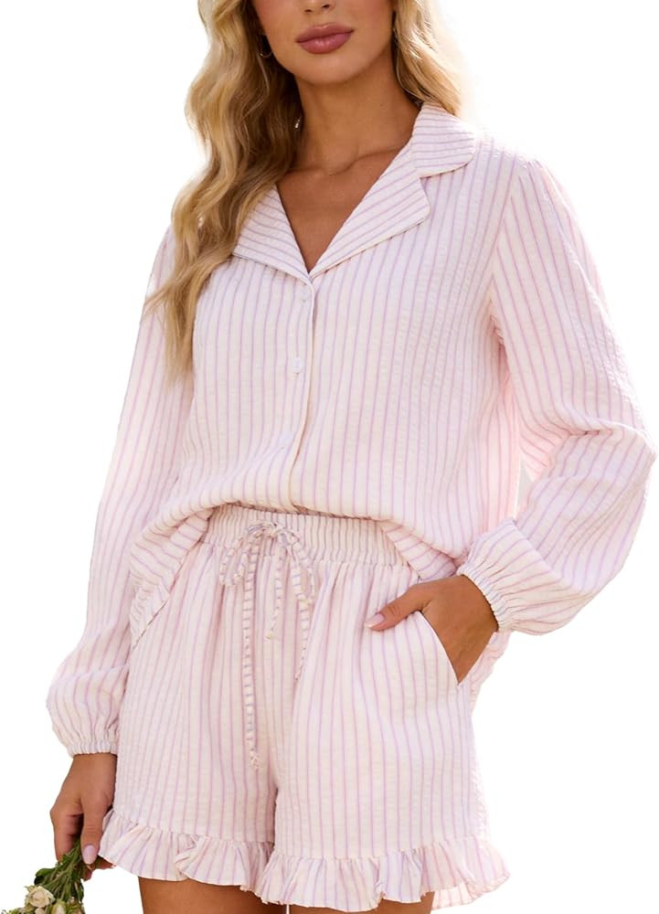 Flygo Womens Striped Ruffle Pajama Set Puff Sleeve Button Down Outfits Lounge Set 2 Piece Short P... | Amazon (US)
