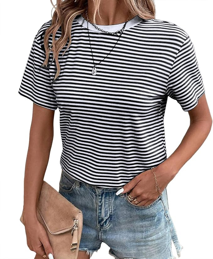 Women Casual Striped Print Short Sleeve T Shirts Crew Neck Loose Fit Going Out Tee Tops Summer 20... | Amazon (US)
