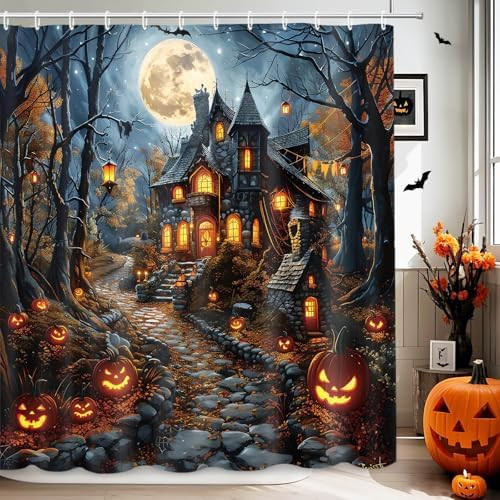 MEHOFOND Halloween Evil Pumpkin Shower Curtain Moon Night Bath Curtain | Amazon (US)
