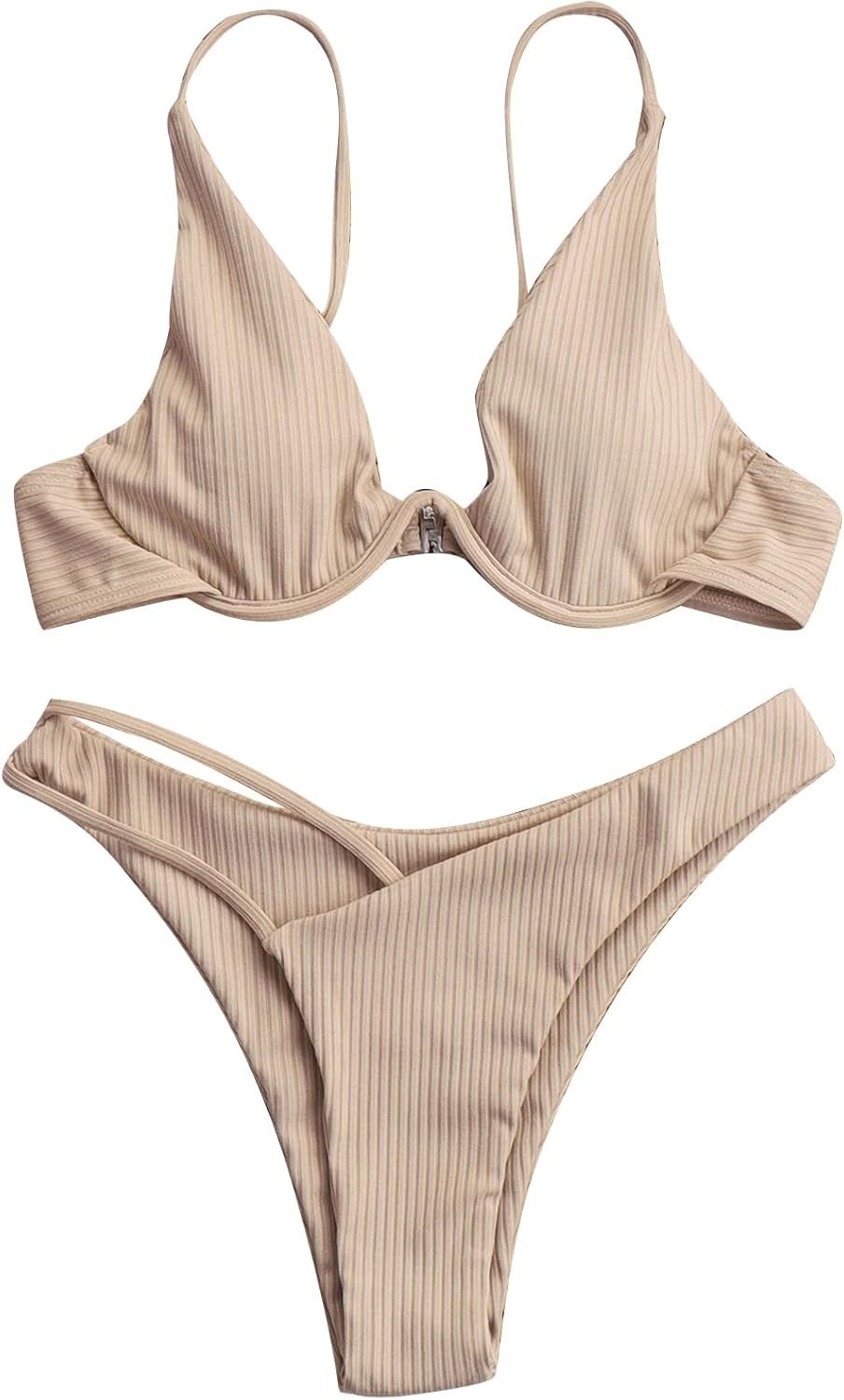 SweatyRocks Women's 2 Piece Bathing Suit Ribbed Push Up High Cut Bikini Underwire Swimsuit | Amazon (US)