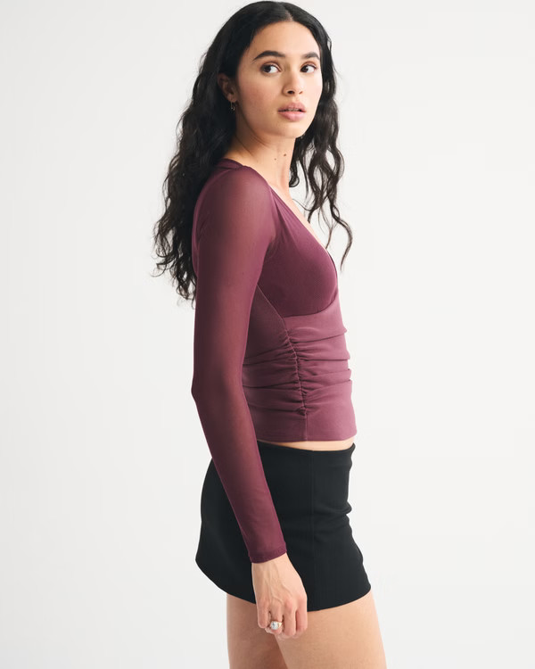 Women's Bra-Free Long-Sleeve Mesh Plunge Top | Women's Tops | Abercrombie.com | Abercrombie & Fitch (US)