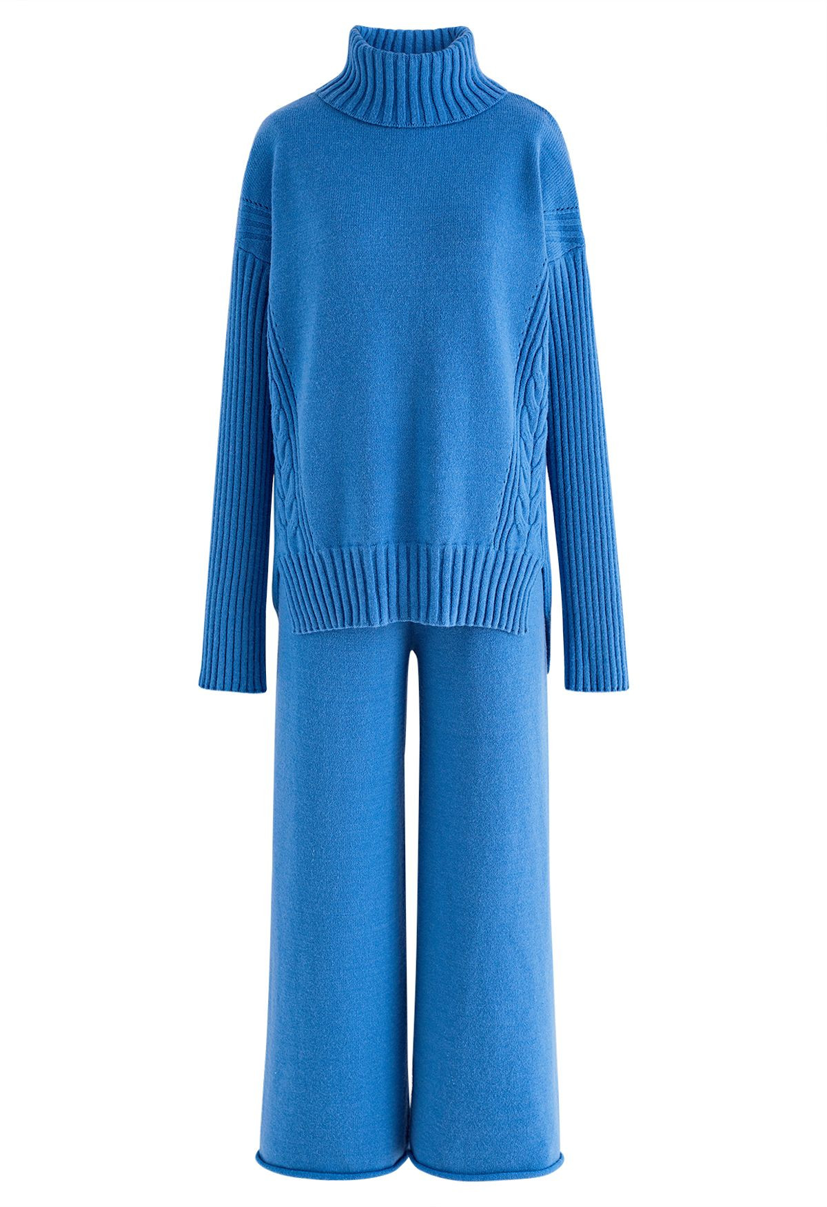 Turtleneck Hi-Lo Sweater and Knit Pants Set in Blue | Chicwish