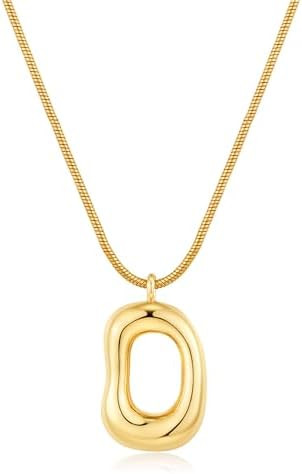 Gold Tone Irregular Oval Pendant Necklace for Women, Minimalist Chunky Snake Chain Necklace, Dain... | Amazon (US)