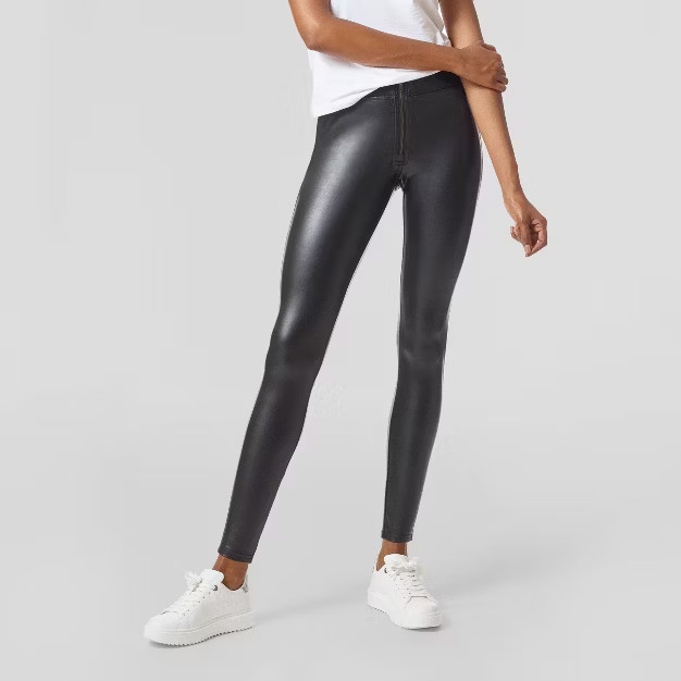 Hue Studio Women's Mid-Rise Zip Front Faux Leather Leggings - Black | Target