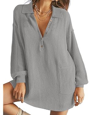DEEP SELF Women's V Neck Oversized Mini Sweater Dress Long Lantern Sleeve Knit Ribbed Button Casu... | Amazon (US)