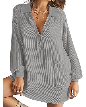 DEEP SELF Women's V Neck Oversized Mini Sweater Dress Long Lantern Sleeve Knit Ribbed Button Casu... | Amazon (US)