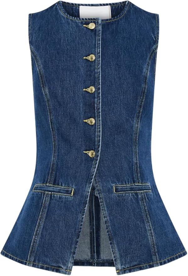 Women's Denim 2 Piece Set Casual Business Sleeveless Jean Blazer Vest Tops and Shorts Outfit Trac... | Amazon (US)