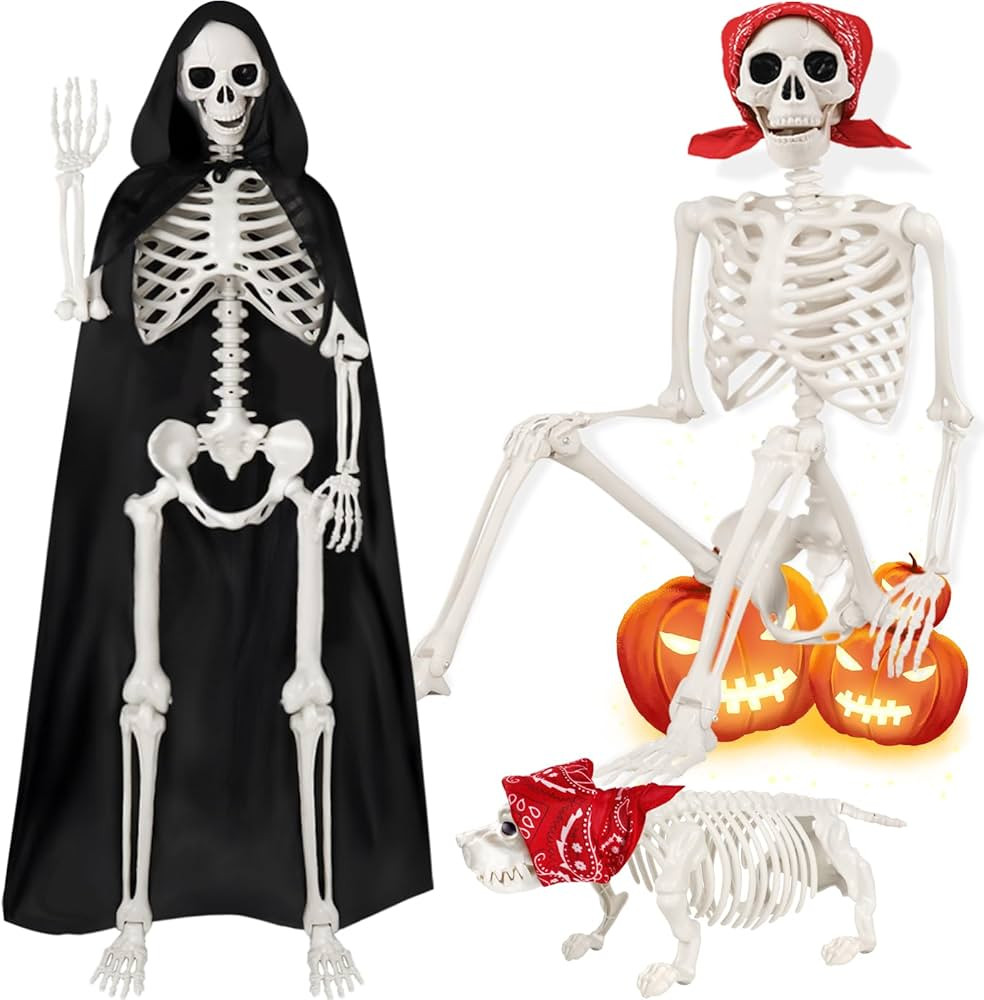 5.4ft Skeleton Halloween Decor, Life Full Size Posable Skeleton with Skeleton Dog Black Cloak Ban... | Amazon (US)