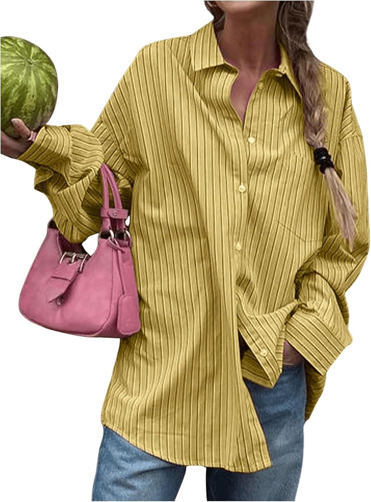 SOLY HUX Women's Button Down Striped Shirts Long Sleeve Oversized Tops Drop Shoulder Collared Blo... | Amazon (US)