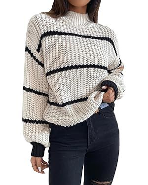 Cozyease Women's Oversized Striped Print Mock Neck Pullover Sweater Long Sleeve Drop Shoulder Kni... | Amazon (US)