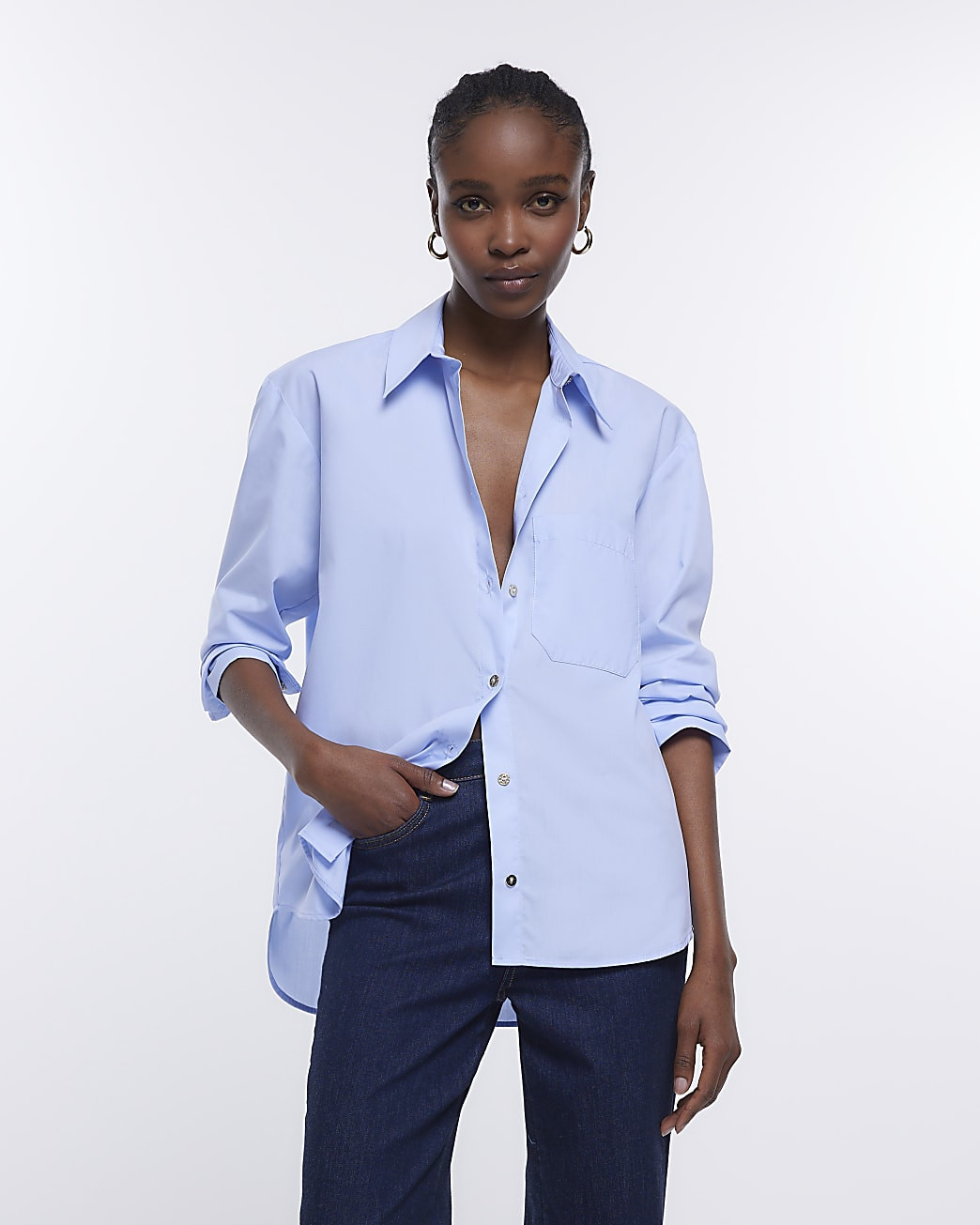 Blue poplin oversized long sleeve shirt | River Island (UK & IE)