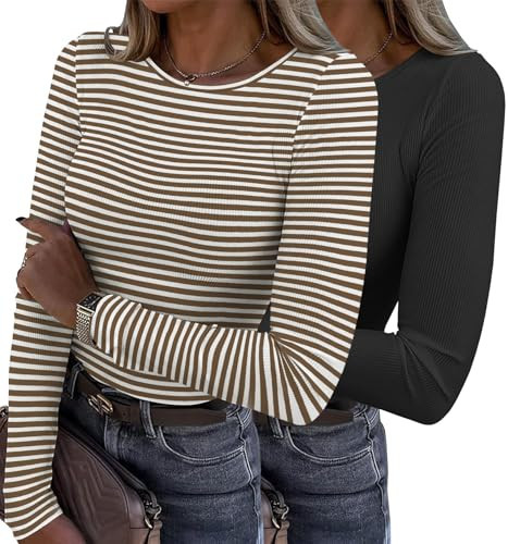 Zeagoo 2025 Fall Tops for Women Fashion Long Sleeve Slim Top Striped Basic Tee Undertop Brown and White | Amazon (US)