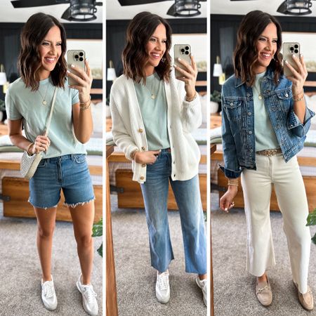 Spring Capsule Wardrobe (Green Tee Styling) 

Green tee (small tall) 
Shorts (size 26)
Light wash jeans (26 long) 
Cardigan (medium) 
Ivory jeans (size up one or two sizes. I’m in a size 4) 
Denim jacket (small) 


#LTKfindsunder50 #LTKfindsunder100 #LTKstyletip
