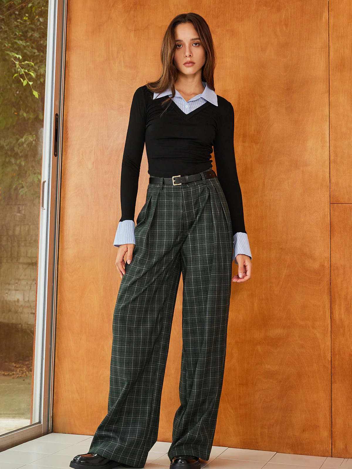 Vintage Plaid Belted Wide-Leg Pants | Commense