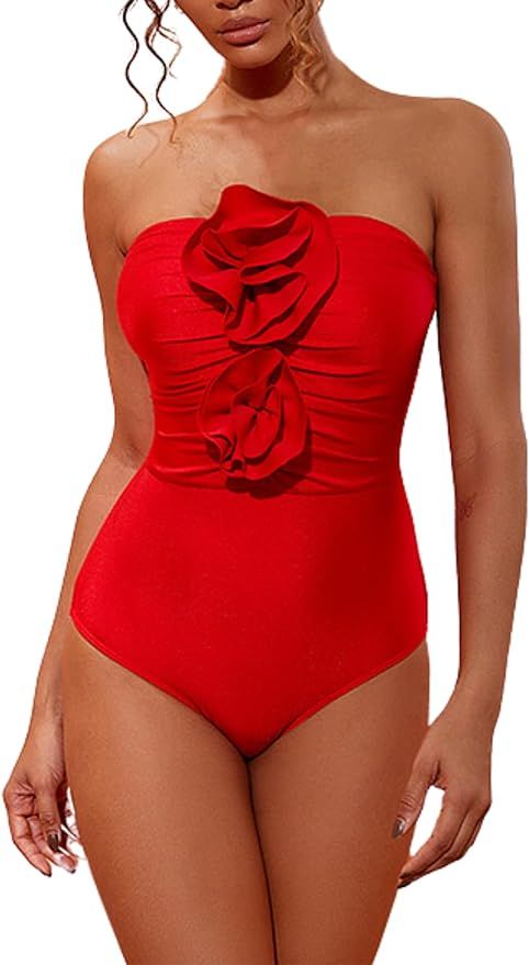 FLAXMAKER Sexy Halter 3D Flower One Piece Beach Vacation OOTD Swimsuit and Skirt Set | Amazon (US)