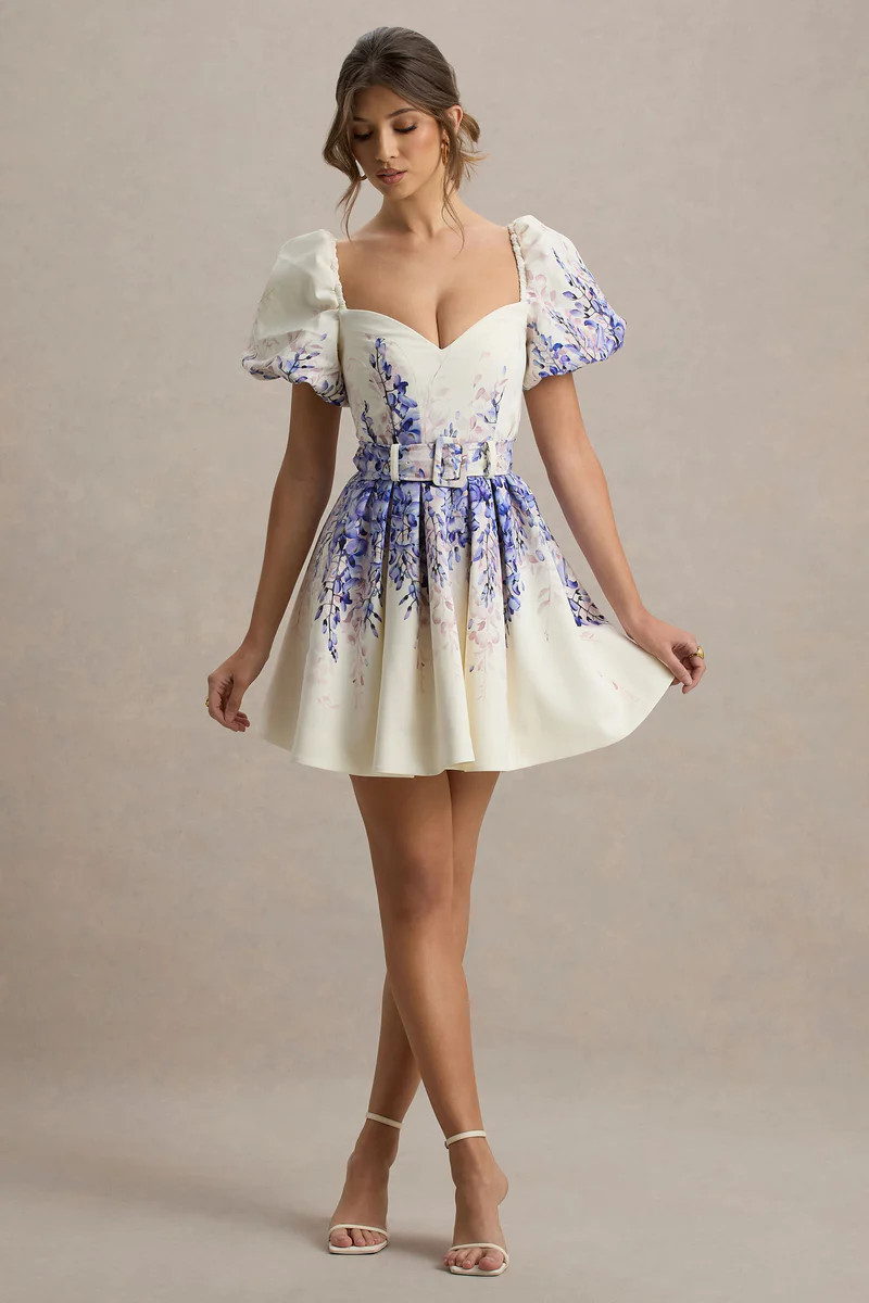 Tapia | Wisteria Print Linen Belted Mini Dress | Club L London