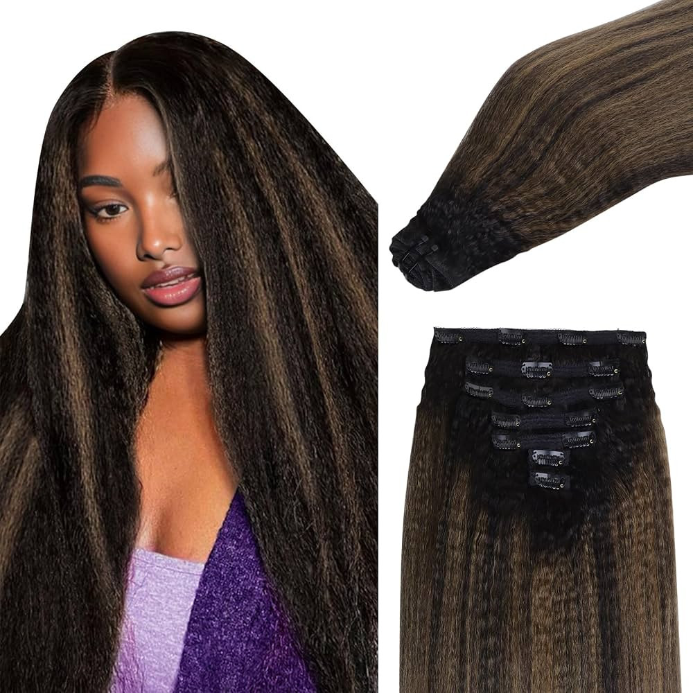 Seamless Clip In Hair Extensions Human Hair, Kinky Straight 14 Inch 110g 7pcs, 1B/6/1B Balayage N... | Amazon (US)