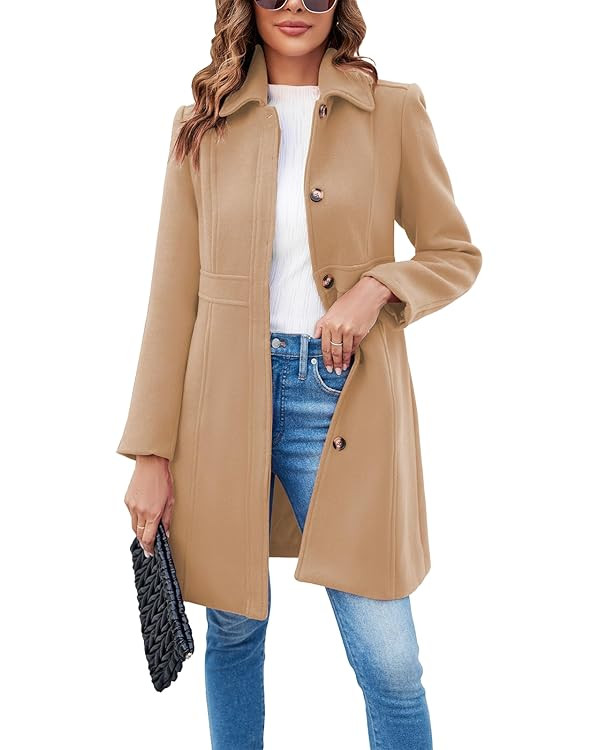 Fisoew Womens Elegant Single Breasted Coat Long Sleeve Mid Winter Overcoat Work Office Pea Coats | Amazon (US)