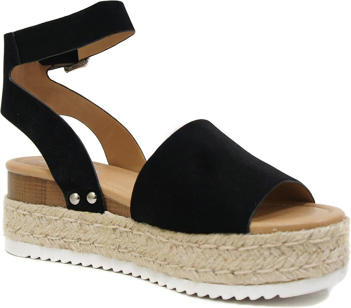 Soda Topic Open Toe Buckle Ankle Strap Espadrilles Flatform Wedge Casual Sandal | Amazon (US)
