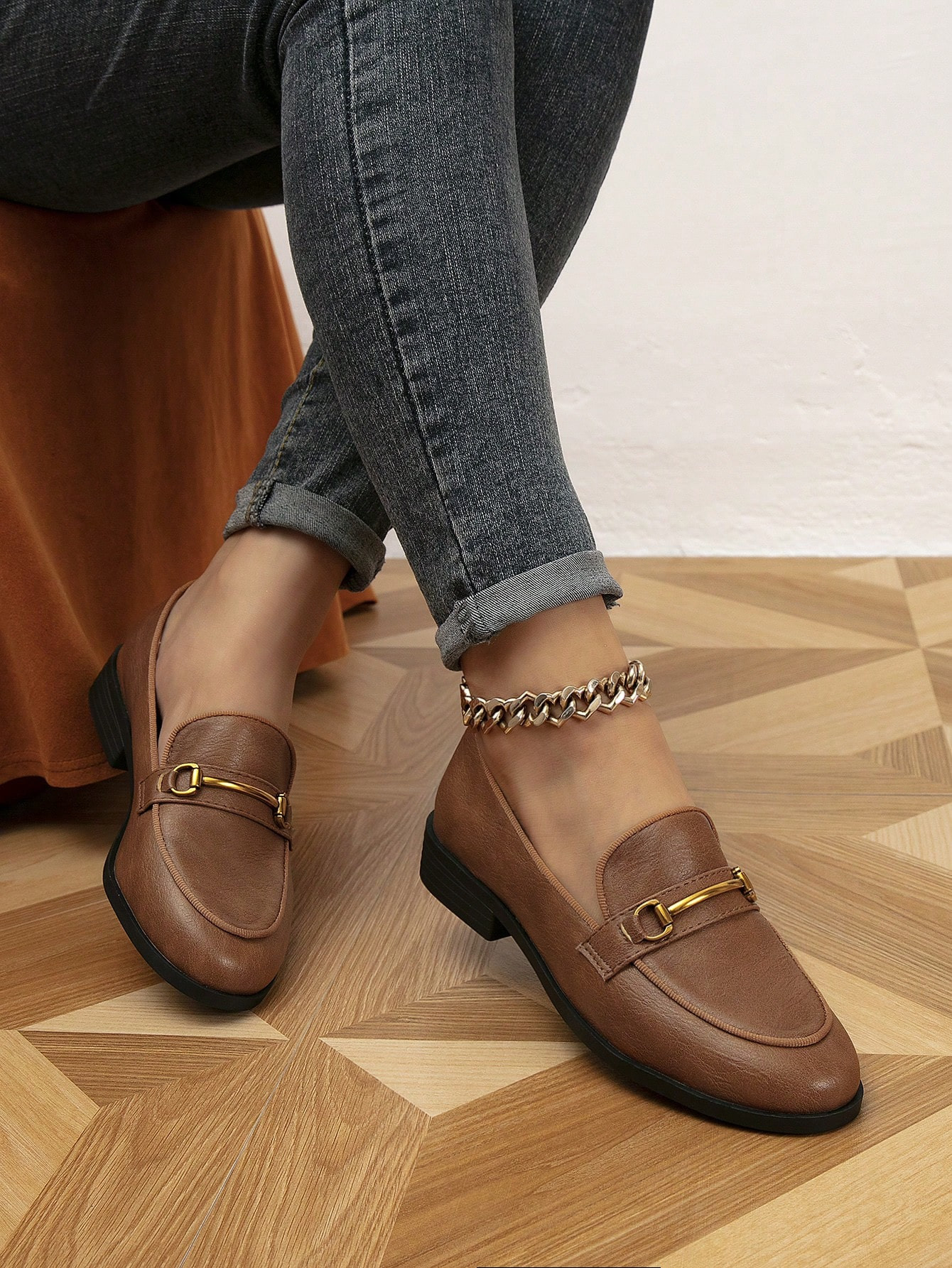 Women's Comfortable Round-Toe Metal Buckle Flat Loafers With Low Heels, For Spring And Autumn | SHEIN